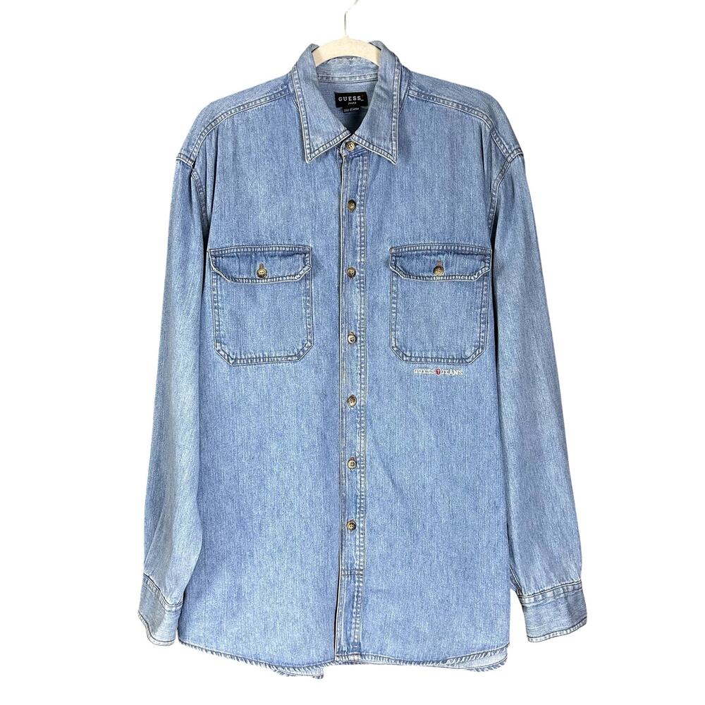 Guess Jeans  Vintage Mens Shirt Large Blue Button Down Oversize Cotton 90s Denim